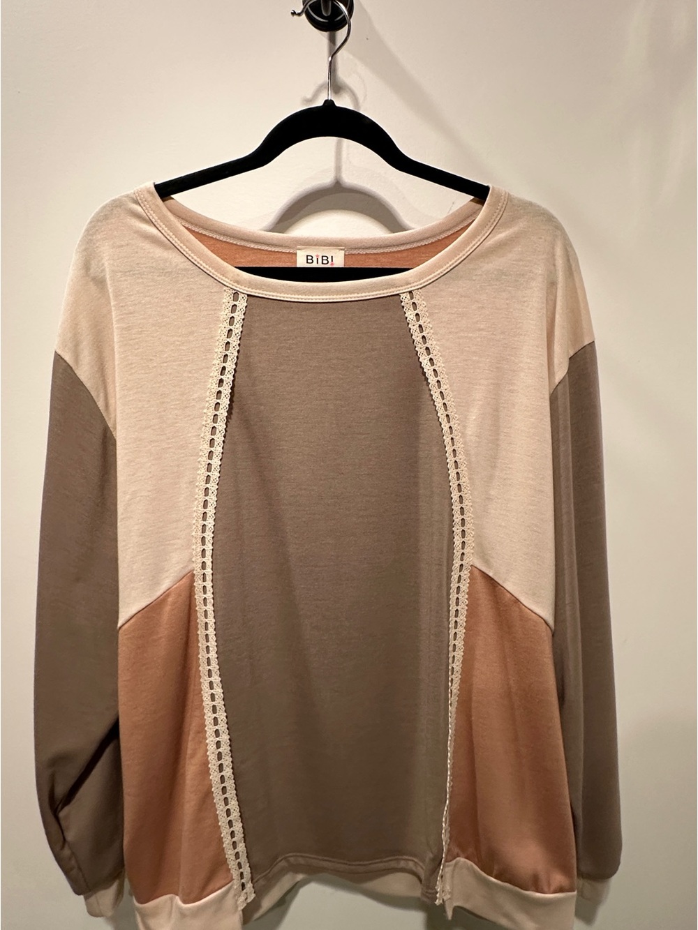 BiBi Neutral Colorblock Pullover with Lace Trim - Taupe, Cream & Blush 1X